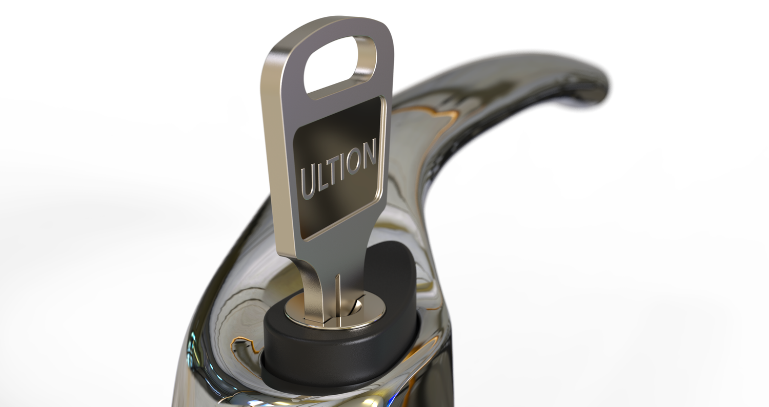 Close-up of a car key with 'ULTION' branding on a white background