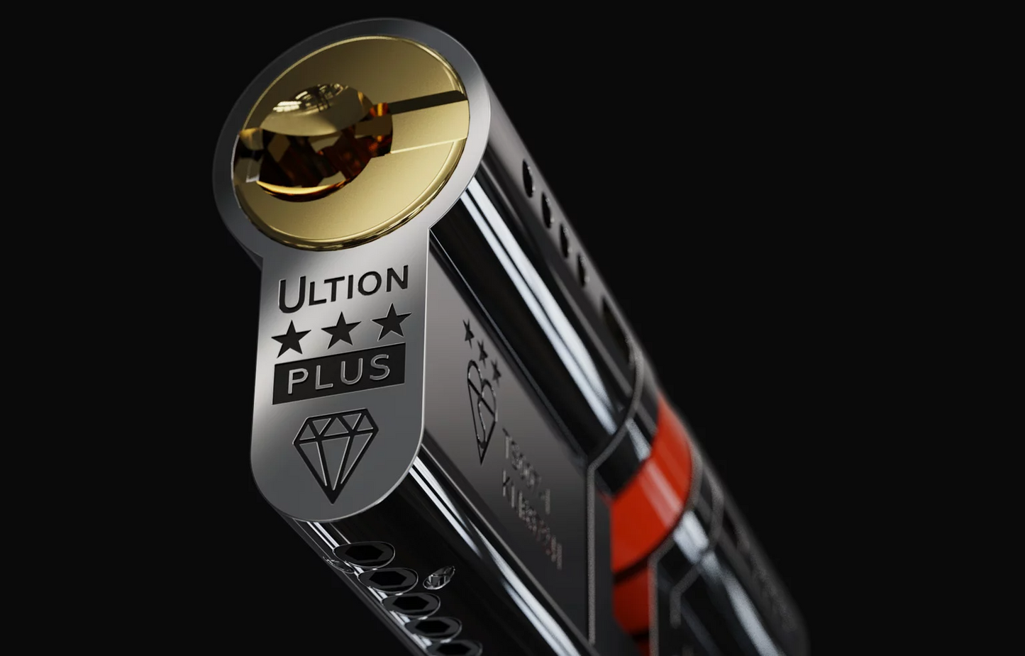Close-up of a pen cap with 'Ultion Plus' branding on a black background