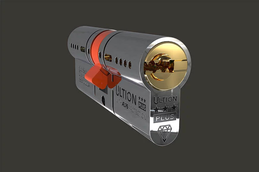 Silver cylindrical lock with gold deadbolt on a dark gray background